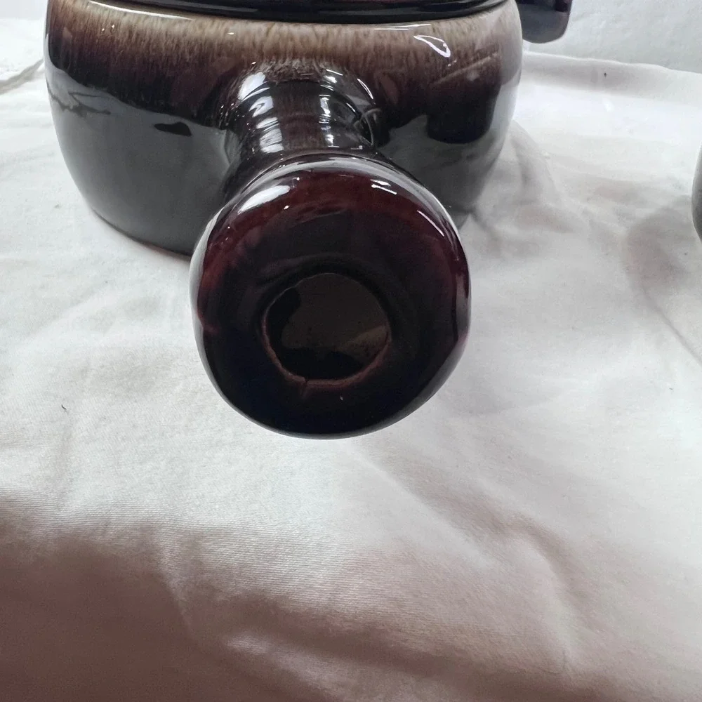 Vintage Brown Drip Glaze Ceramic Soup Crocks with Mushroom Lids Set of 4